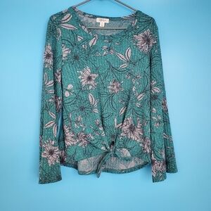 Style & Co. Long Sleeve Top Size Small Green Floral Tie Top